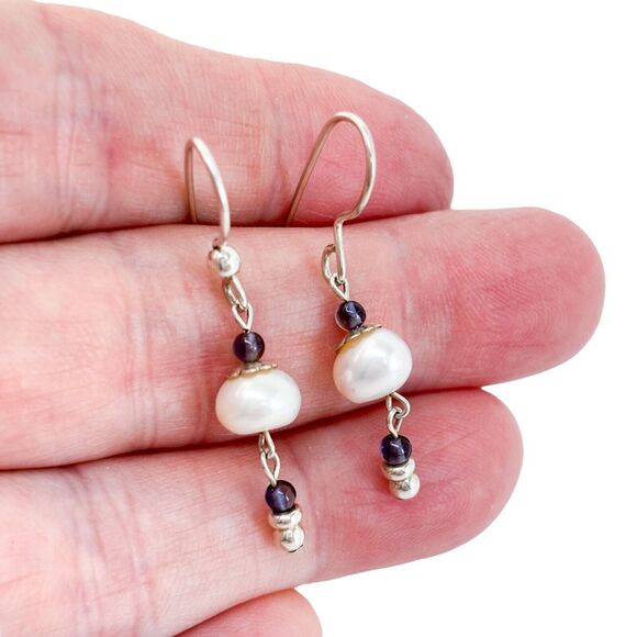 Vintage Sterling Silver 925 Pearl and Purple Amethyst Dangle Earrings - Picture 1 of 5